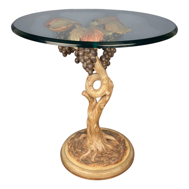 Vintage Round Coffee Table with Crystal & Wood Trunk in Grape Vine shape, 1950s For Sale