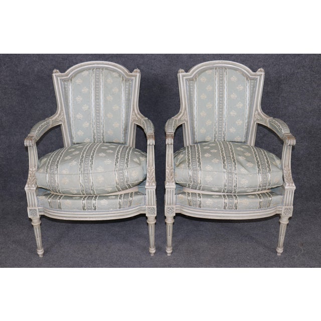 French Pair of Antique Louis XVI Style Paint Decorated Arm Chairs by Maison Jansen For Sale - Image 3 of 17