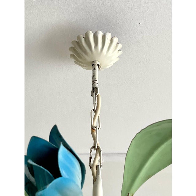 French Blue Tole Tulip 5-Light Chandelier, 1960s For Sale - Image 9 of 18