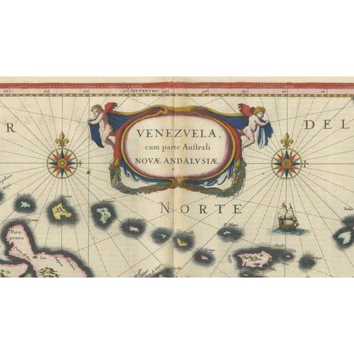 Venezuela Map with Caribbean & Nueva Andalusia from Blaeu, 1642 For Sale - Image 4 of 12