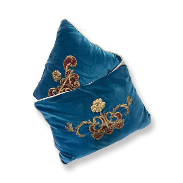 Early 19 Century Italian Dark Blue With Gold Embroidery Hand Made Pillow For Sale In West Palm - Image 6 of 7