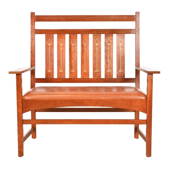 Stickley Harvey Ellis Collection Inlaid Cherry Wood Bench or Settee For Sale