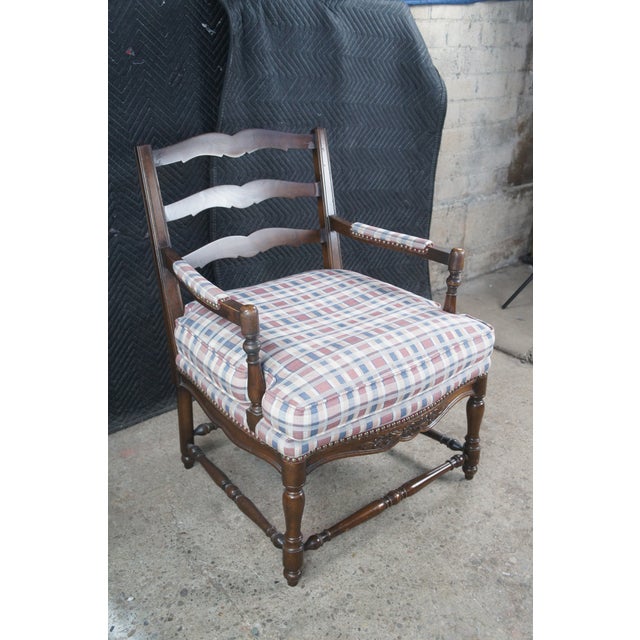 Late 20th Century 2 French Country Walnut Plaid Fauteuil Nailhead Ladderback Club Lounge Armchairs For Sale - Image 6 of 12