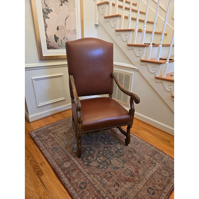 Elegant set of six (6) Guy Chaddock & Co. dining chairs, includes two armchairs and four side chairs. Each chair has brown...