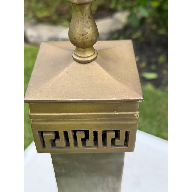 Vintage Greek Key Geometric Brass Table Lamp With Linen Shade For Sale - Image 12 of 12