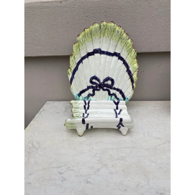 German Majolica Asparagus Platter circa 1890. Craddle 8" by 4.5" , platter 12.3" by 9.7"