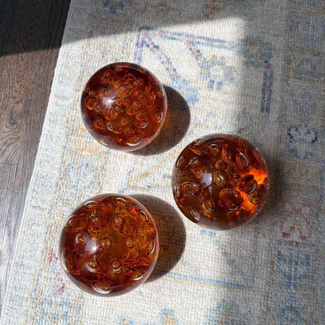 Contemporary Vintage Amber Controlled Bubble Art Glass Orbs – Set of 3 Murano Style Paperweights For Sale - Image 3 of 7