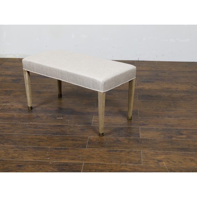 Wood French Art Deco 1930s Bleached Walnut Bench with Brass Feet and Upholstery For Sale - Image 7 of 10