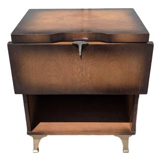 1950s Atomic Walnut Drop-Front Nightstand With Metal Legs, Mid-Century For Sale