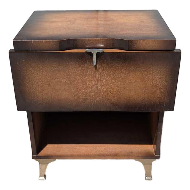 1950s Atomic Walnut Drop-Front Nightstand With Metal Legs, Mid-Century For Sale