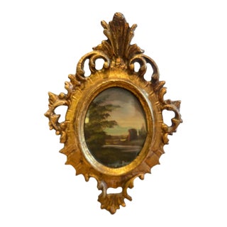 19th Century European Landscape Miniature Oil on Copper - Ornate Giltwood Florentine Frame For Sale