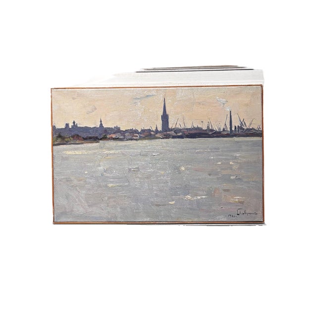 Boris Lavrenko, Backlight on the River, Northern European City, 1970s, Oil Painting For Sale