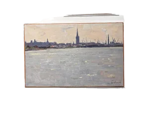Boris Lavrenko, Backlight on the River, Northern European City, 1970s, Oil Painting