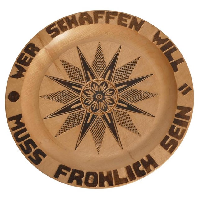 Decorative Hand-Carved Wooden Plate with Pyrography, 1960s For Sale - Image 6 of 6