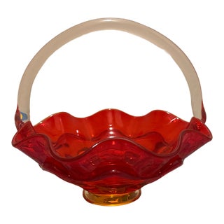 1960s Mid-Century Modern Viking Epic Ruby Red Persimmon Glass Basket Candy Dish For Sale