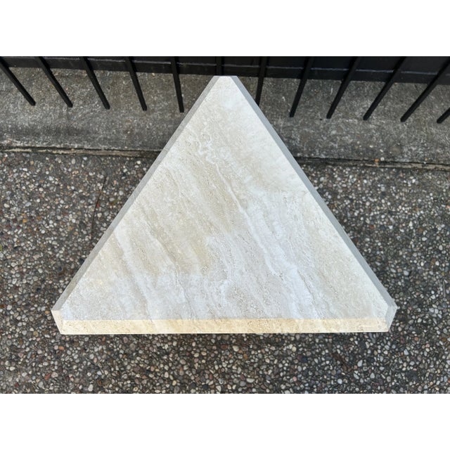 French Modern Iron And Travertine Table Inspired By Gilbert Poillerat. Offered is a handsome French mid century triangular...