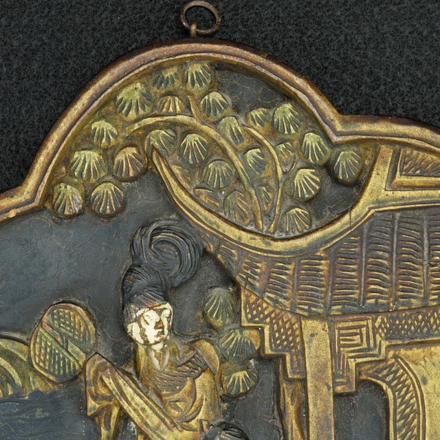 Chinese Carved Wood Plaque of Woman and Attendant Circa 1920 For Sale - Image 4 of 5