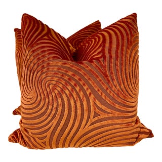 Christopher Hyland "Ikarian Sea Velvet" in Orange 22" Pillows-A Pair
