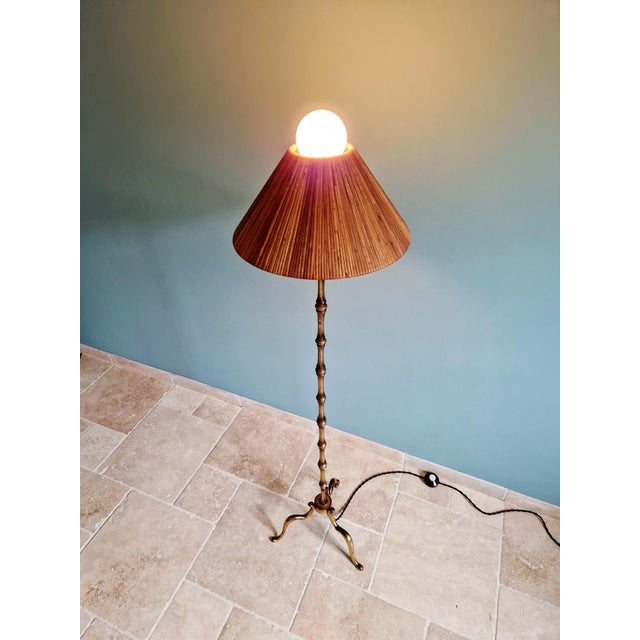 Mid-Century Modern Brass Floor Lamp with Rattan Lampshade, 1950s For Sale - Image 18 of 18