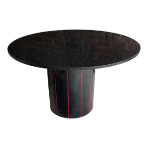 1980s Black Round Stone Table Top With Red Strips on Black Laminate Base Round