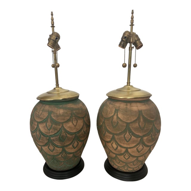 Mid 20th CenturyHandcrafted Clay Table Lamps With Lotus Motif – Pair For Sale