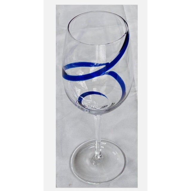 Vintage Wine Glasses Glass Blue White Swirl Chinoiserie Jumbo Cobalt Ribbon Goblet - Set of 4 For Sale - Image 11 of 11