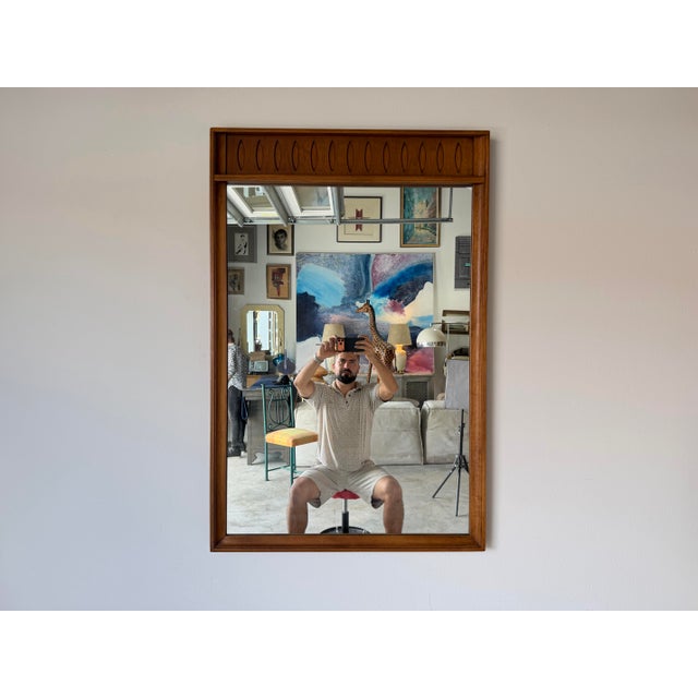 1970s Mid-Century Modern Walnut Wall Mirror With Carved Geometric Details For Sale - Image 4 of 13