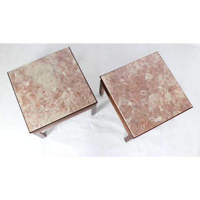Pink Mid-Century Modern Pair Low Profile Square Marble Top Side End Tables Stand MINT For Sale - Image 8 of 8