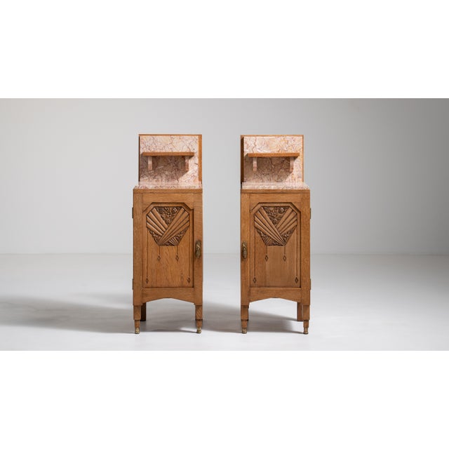 1910s Pair Of Art Noveau Side Tables With Marble Tops And Carved Panels For Sale - Image 10 of 17