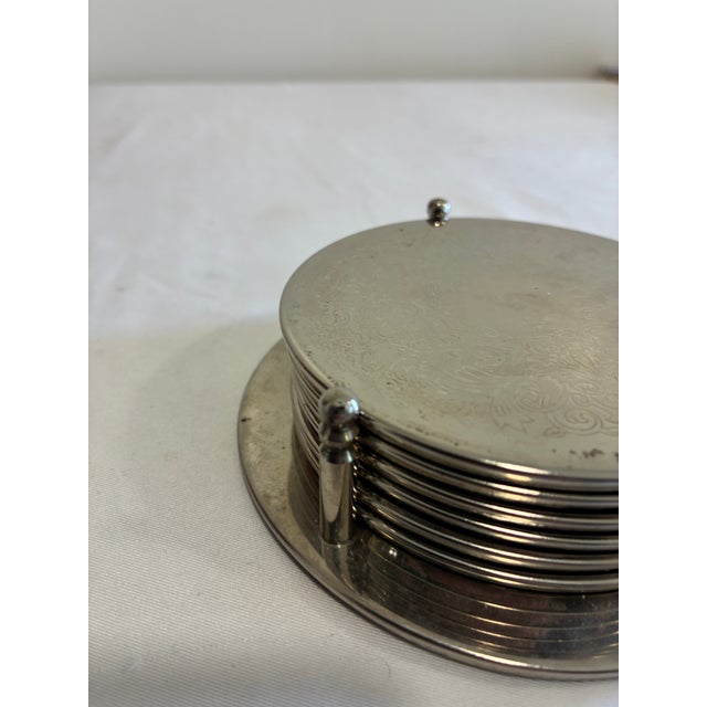 Vintage Silver Engraved Coaster Set – Set of 6 Coasters With Holder For Sale - Image 4 of 13