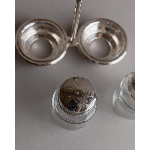 Vintage Silver-Plated Glass Salt and Pepper Shaker and Vinegar and Oil Bottles, Italy, 1970s, Set of 5 For Sale - Image 11 of 12