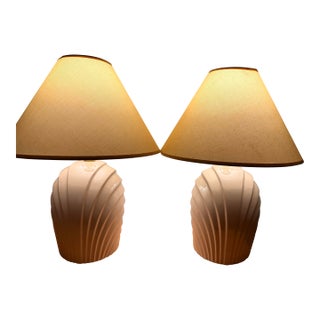 Vintage 1980s Art Deco Revival Ceramic Cream Colored Table Lamps – Sculptural Ribbed Shell Design - a Pair For Sale