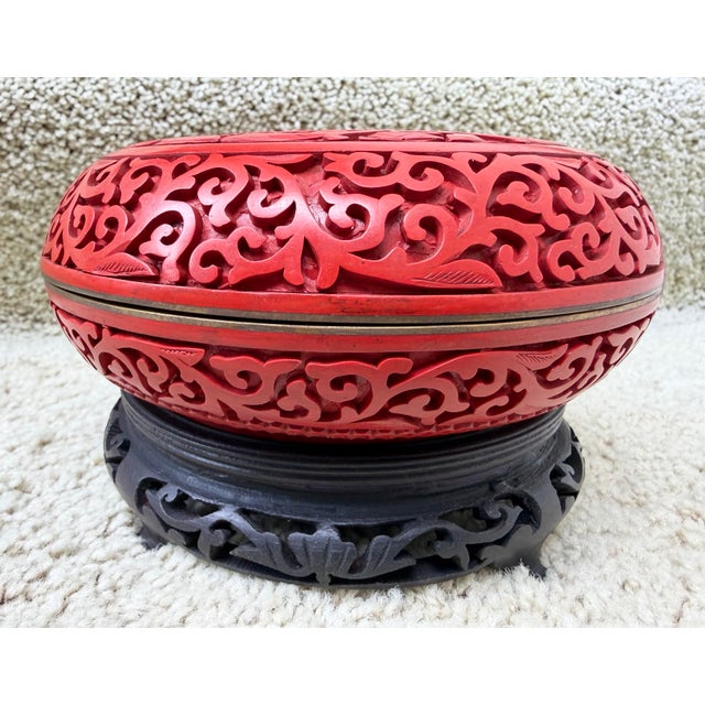 Antique Chinese 6” Carved Peony Cinnabar & Brass Lacquer Box in Mint Condition For Sale - Image 4 of 7