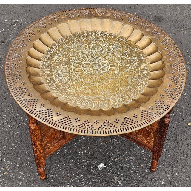Mid 20th Century Mid 20th Century Middle Eastern Carved Teak and Etched Brass Folding Tray Table For Sale - Image 5 of 14