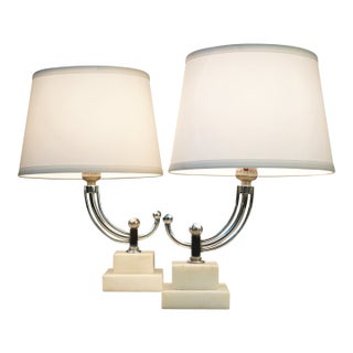 1930s Art Deco Streamline Moderne Stepped Marble Chrome Table Lamps by Donald Deskey - a Pair For Sale