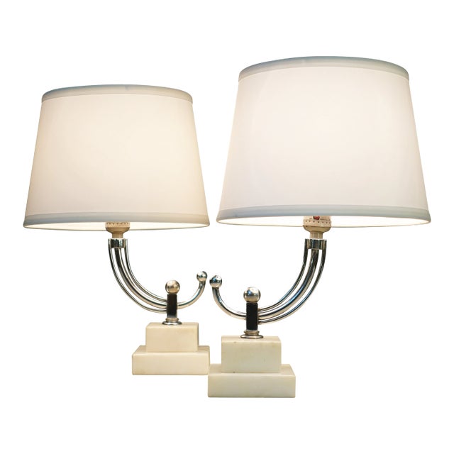 1930s Art Deco Streamline Moderne Stepped Marble Chrome Table Lamps by Donald Deskey - a Pair For Sale