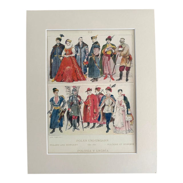 Antique 1925 Max Tilke 16th. c Polish Costume Print in 11x14 Mat, Ready to Frame For Sale