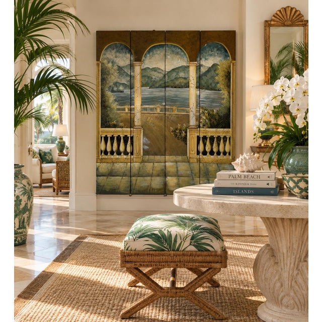 Striking vintage four-panel folding screen, beautifully hand-painted with an expansive architectural landscape scene...