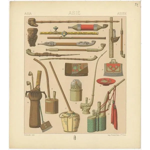 Antique print titled 'Asia - Asie - Asien'. Chromolithograph of Asian smoking pipes. This print originates from 'Le...
