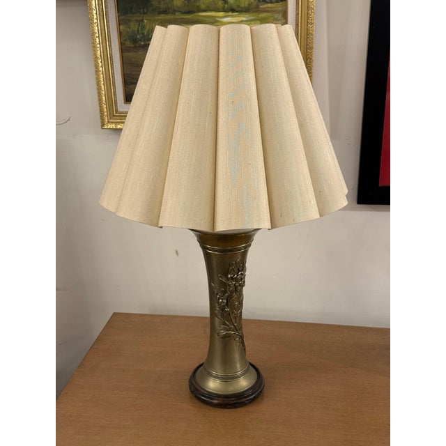 Vintage Brass Table Lamp + Scallop Shade For Sale - Image 10 of 12