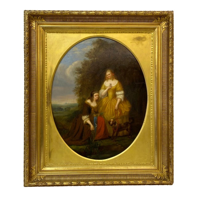 Eduard L. Roelant Mid-19th Century Oil Portrait of Two Sisters With Their Dog For Sale