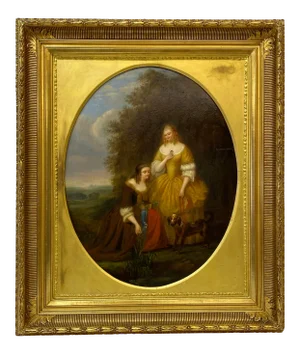 Eduard L. Roelant Mid-19th Century Oil Portrait of Two Sisters With Their Dog