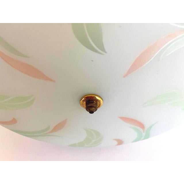 Stunning 1940s Art Nouveau disc-style semi flush mount frosted glass ceiling light reverse painted with gorgeous green and...