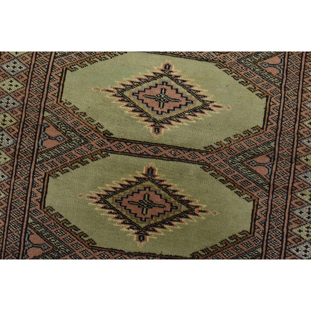 Bokhara Jaldar Rug 2’6” X 3’10” Green Wool Tribal Hand-Knotted Carpet For Sale - Image 4 of 9