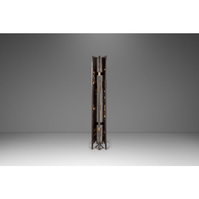 Antique Chinese Black Lacquered Four Panel Folding Screen Room Divider With Carved Hardstone, China, Circa 1950s For Sale - Image 4 of 18
