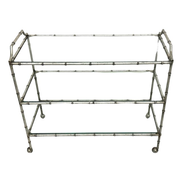 Large 3-Tiered Maison Jansen Faux Bois Silver-Leaf Trolley/ Bar Cart For Sale