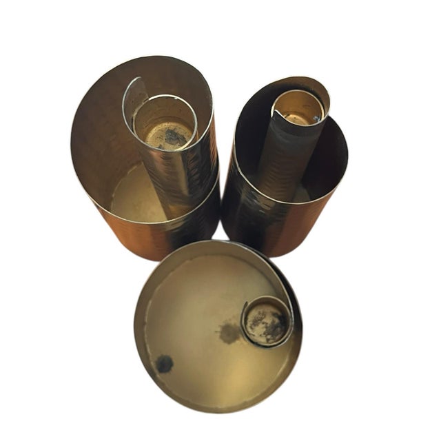 Set 3 Vintage Mid Century Modern Candle Holders Neo Industrial Brutalist Hammered Brass Gold Tone Modern Contemporary For Sale - Image 11 of 12