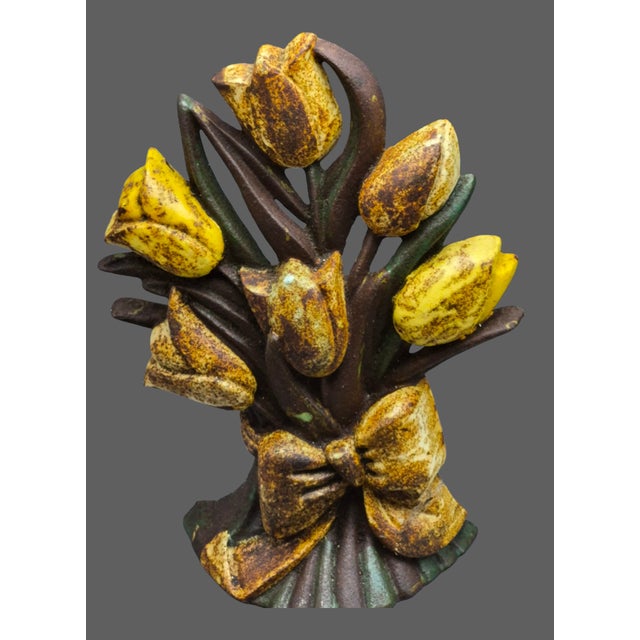 Antique Cast Iron Yellow Tulip Flower Bouquet Doorstop For Sale - Image 4 of 7