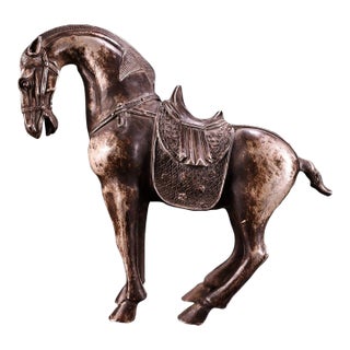 Solid Copper Silvered Galloping Horse Statue (Zhaocai Ma) - Gilt Silver Bronze Horse Figurine With Ornate Saddle For Sale
