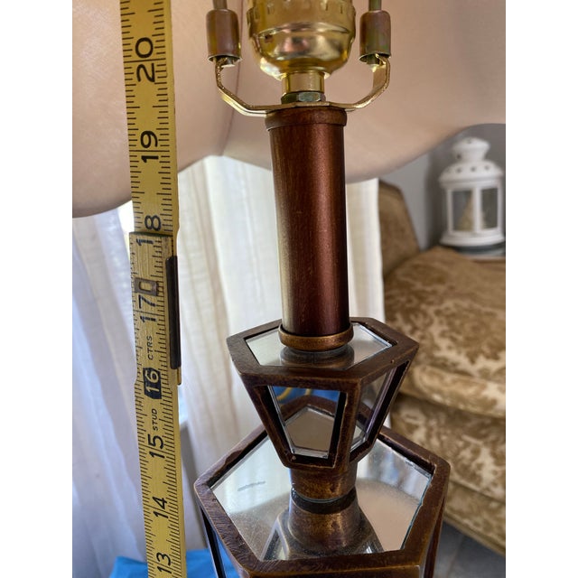 2000 - 2009 Hollywood Regency Mirrored Pagoda Style, Brass & Glass Accents Table Lamps, - a Pair For Sale - Image 5 of 12